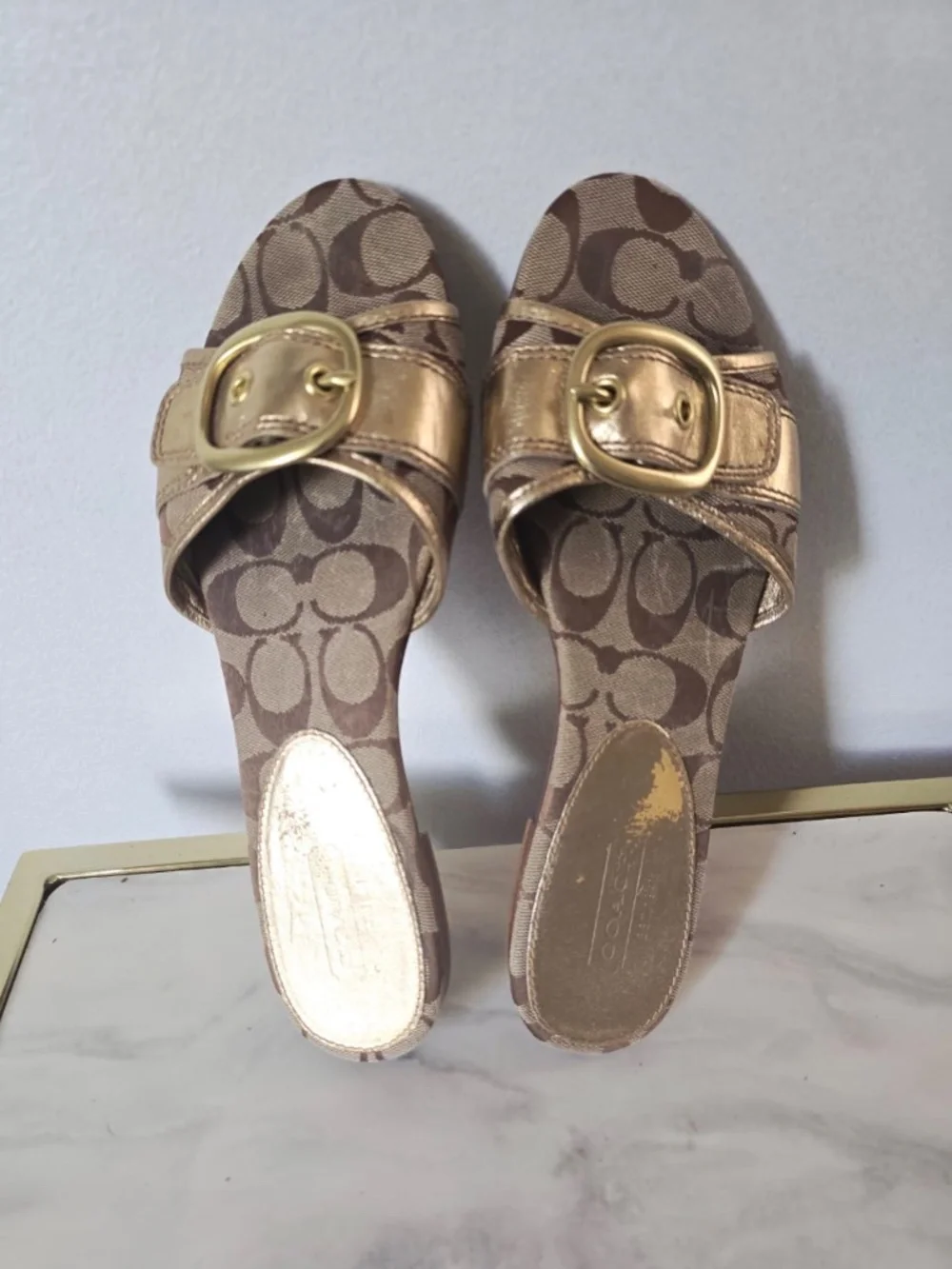 Coach Amazing Gold Leather Flat Slide Sandals Gold Buckle 9.5B - Picture 1 of 6